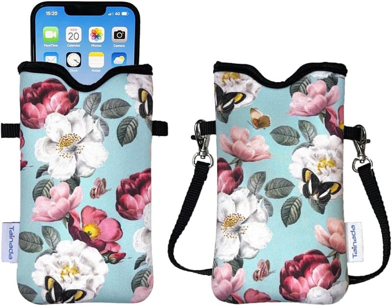 Tainada Men Women Neoprene Phone Sleeve Pouch Case Bag with Crossbody Strap/Neck Lanyard for iPhone 17/16/15 Pro Max, Air, 16/15 Plus, 16e； Samsung S25, S24, A56, Google Pixel 10 (Turquoise Floral) - Image 1